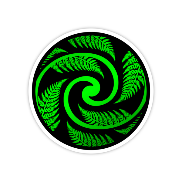 green and black silver fern in a round koru pattern sticker