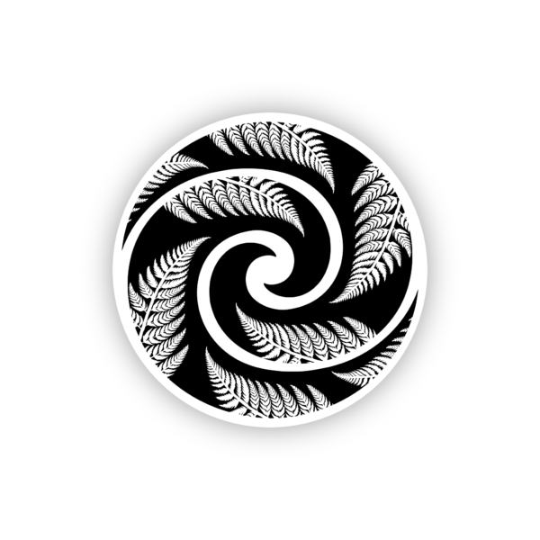 black and white silver fern in a circle sticker