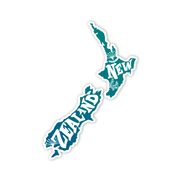 teal map of New Zealand sticker with new zealand written in the body