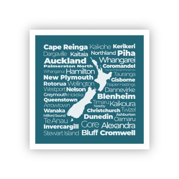 blue map or new zealand with names of town surrounding it sticker