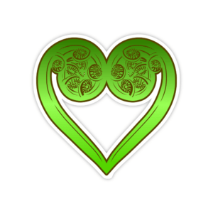 green sticker with two punga fronds forming a love heart sticker