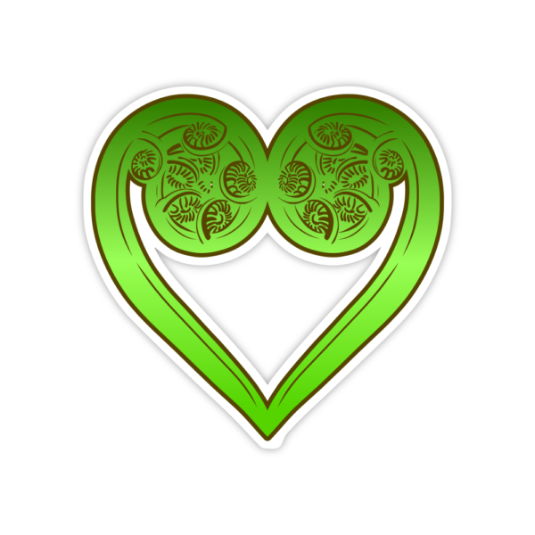 green sticker with two punga fronds forming a love heart sticker