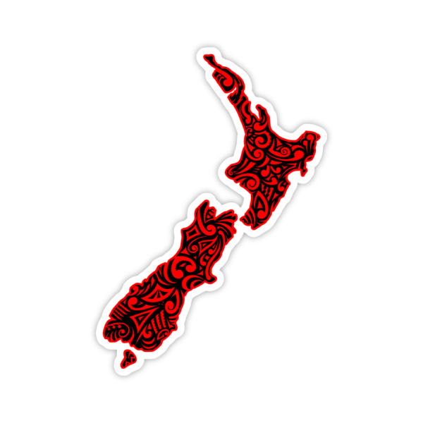 red sticker of new zealand with maori patterns through it sticker