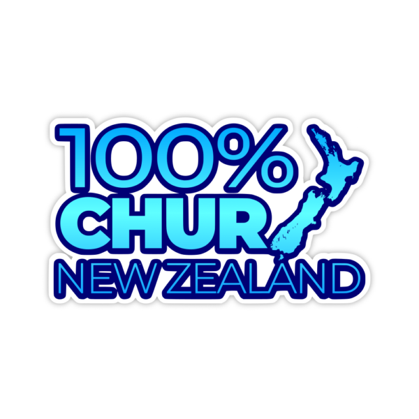 blue, 100% chur New Zealand, sticker