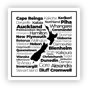 black map of new zealand with name of towns around it sticker