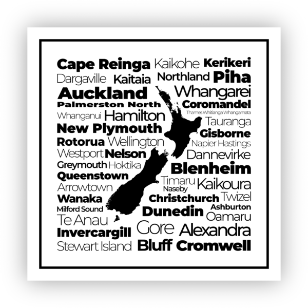 black map of new zealand with name of towns around it sticker