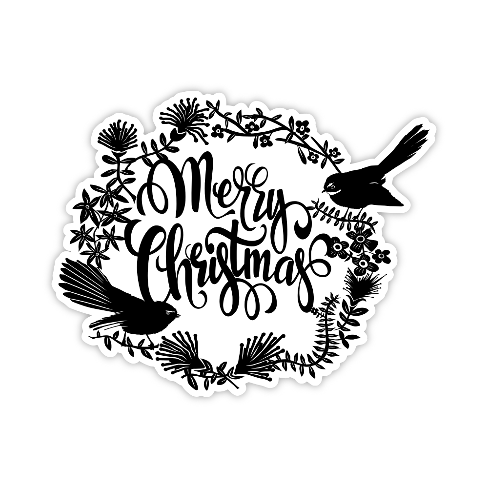 black merry christmas sticker with tuis on a wreath