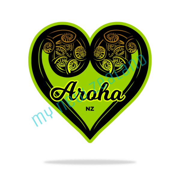 Koru Heart design featuring the Maori word 'Aroha,' symbolizing love and connection in vibrant green and black.